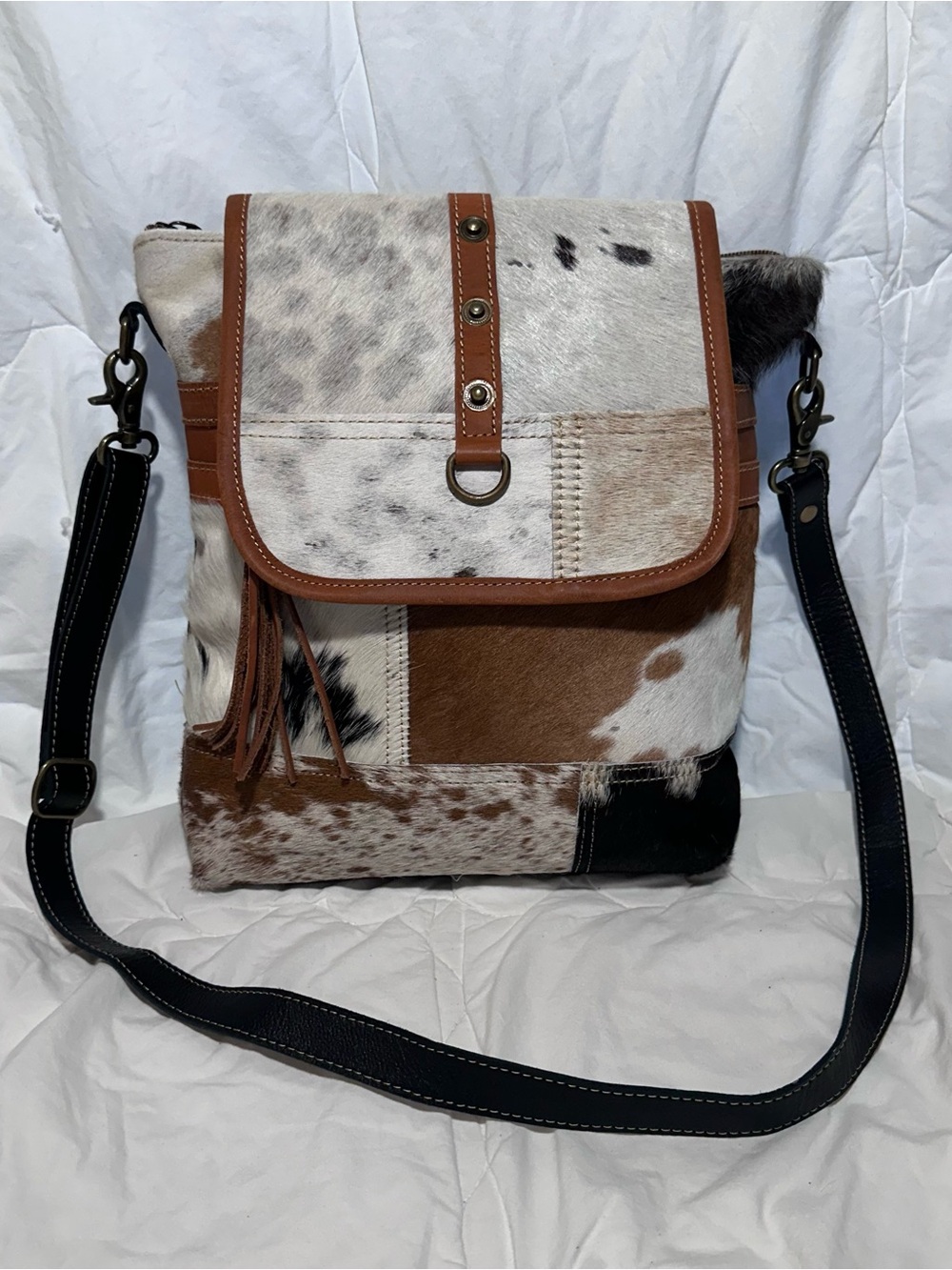 Myra Bag Cowhide Patchwork Crossbody - Brown, White & Black